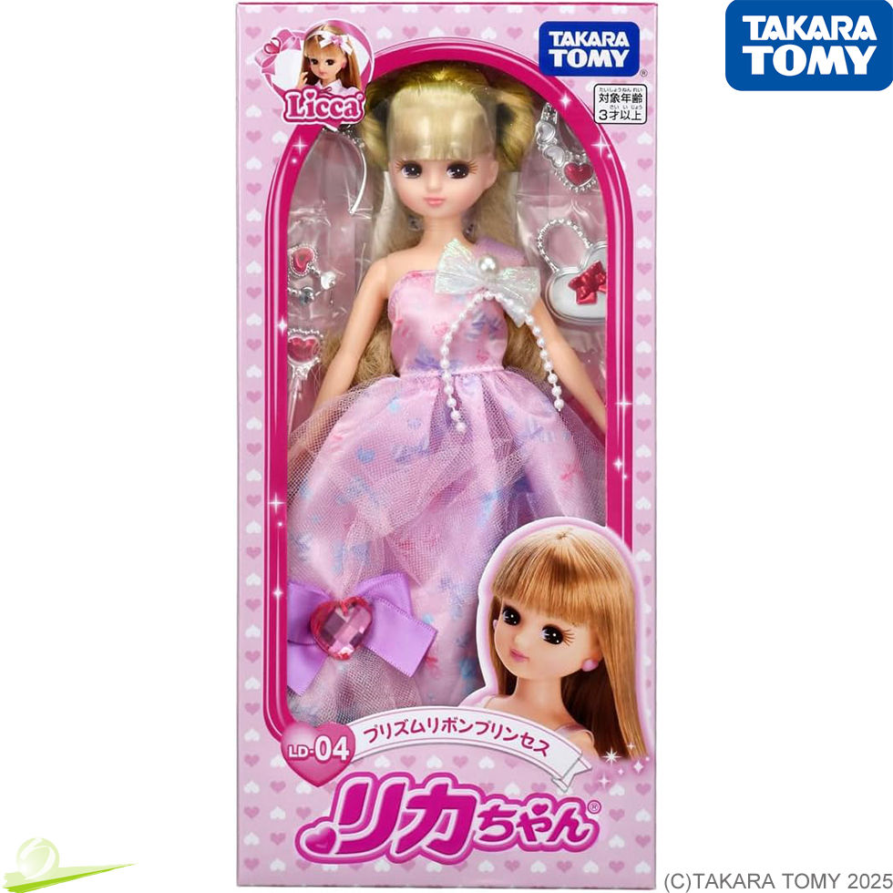 Miniatura: Front package view of Licca LD-04 Prism Ribbon Princess Doll, with doll, tiara, earrings, wand, & bag visible through window.