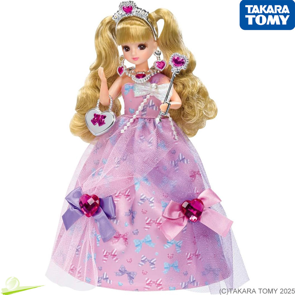 Miniatura: Front full-body view of Takara Tomy Licca LD-04 Prism Ribbon Princess Doll, holding a wand in one hand & a bag in the other.