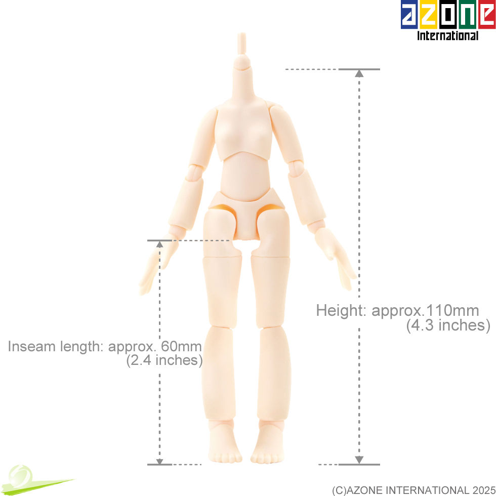 Miniature : Full front view of Azone 1/12 scale Picco Neemo D Little sister Body PCN035-WHT, showing full height and inseam measurements.