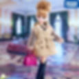 Front knee-up view of Takara Tomy Licca LD-17 Airy Trench doll holding a handbag, posed before a luxurious lounge diorama BG.