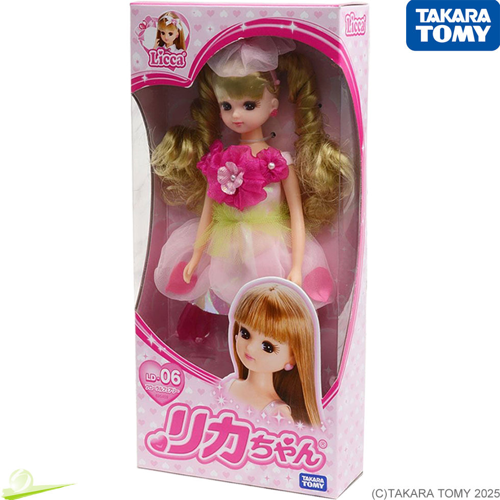 Slightly angled front view of the package showing Takara Tomy Licca-chan LD-06 Floral Fairy, with doll visible through window