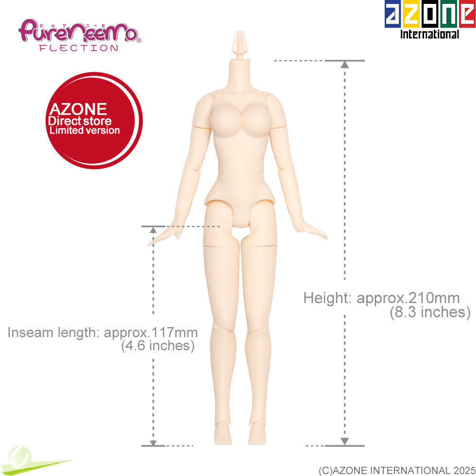 Миниатюра: Full-body front view of Azone 1/6 Pure Neemo Flection M Girl LL Bust PFL069-WHT, showing full height and inseam measurements.