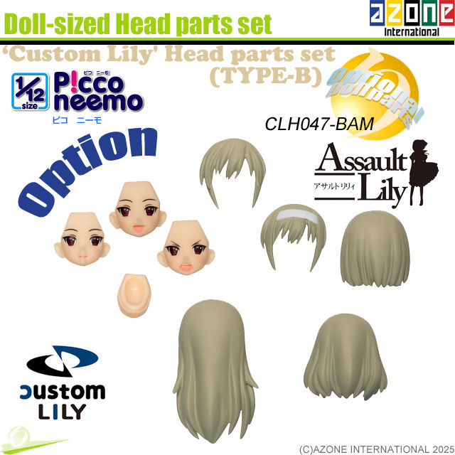 Miniaturbild: Image of Azone 'Custom Lily' Head Parts Set TYPE-B (CLH047-BAM) – all components neatly arranged with the decorative logos.
