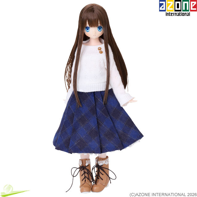Miniature : Front full-body view of Azone 1/6 Tsukiha wearing the Moi Lumi outfit, standing with slightly pigeon-toed feet in brown boots