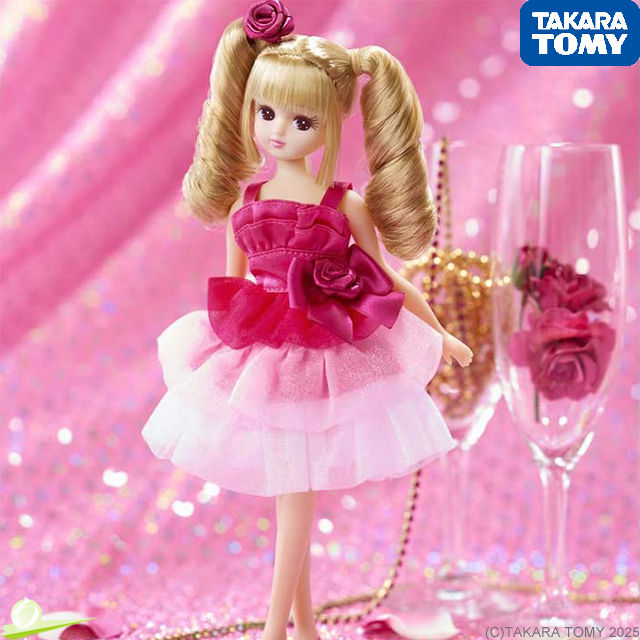 Angled view illustration of Takara Tomy Licca-chan LD-09 Lady Rosé Doll, posed before a rose-themed decorative background.