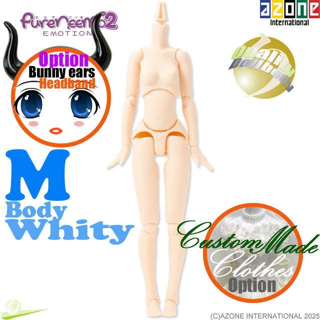 Azone 1/6 Pure Neemo 2 Emotion M Girl Body PFL060-WHT, front view of standing pose illustration with logo & text decorations.