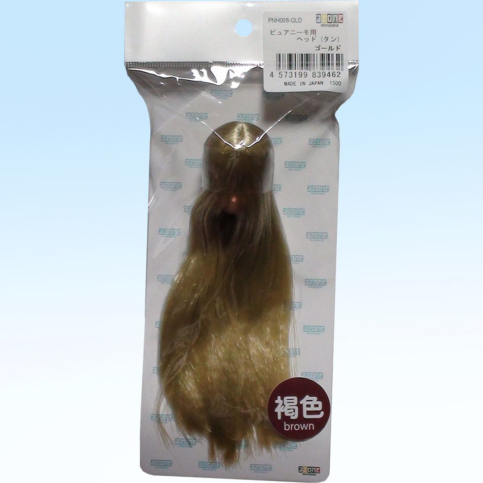 Azone 1/6 Pure Neemo Flection PNH008-GLD gold-haired flocked head with tan skin tone, packaged in a clear plastic bag.