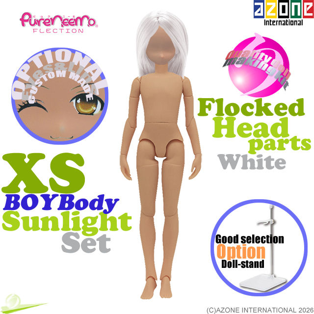 Azone 1/6 Pure Neemo Flection XS Boy Body PFL052-TAN with PNH008-WHT Flocked Head parts set, featuring front view.