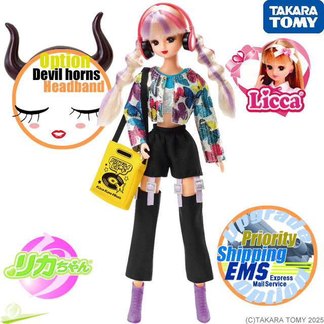 Full-body front view of Licca-chan Neon Butterfly Doll wearing headphones and a record bag, surrounded by decorative logos.