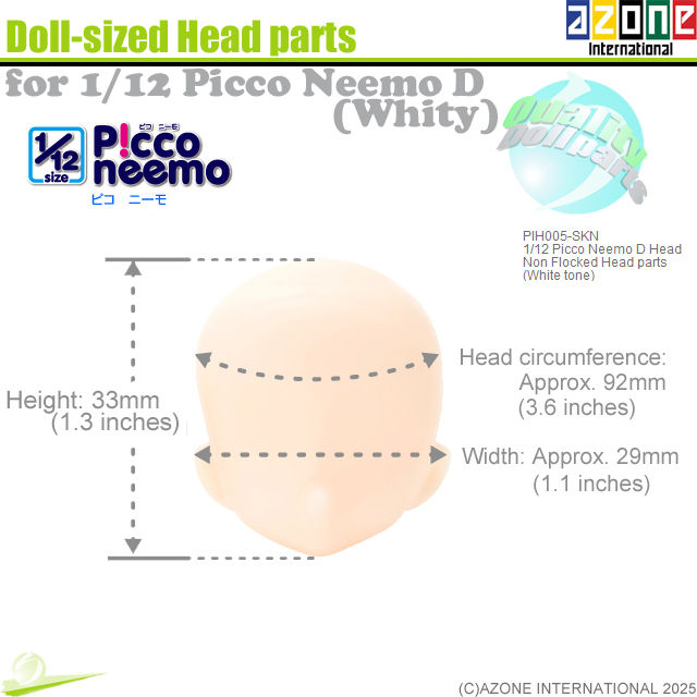 Miniaturbild: Azone 1/12 Picco Neemo D PIH005-SKN head in white skin tone, shown with height, width, and head circumference measurements.