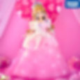 Full-body front view of Licca-chan LD-03 holding a wand, posed in front of heart-themed pink diorama BG in a princess outfit.