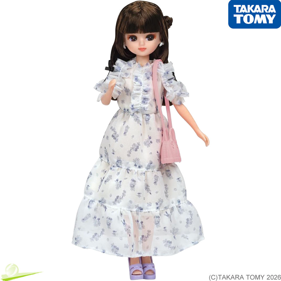 Miniatura: Front full-body view of LD-15 Petit Blossom Licca wearing a sheer floral chiffon dress, shoulder bag, and light purple shoes.