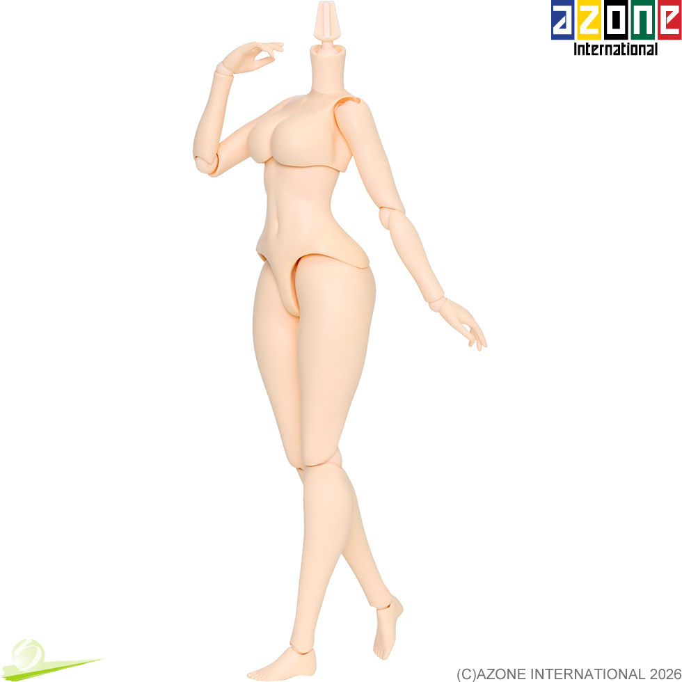섬네일: Azone AOB017-WHT 1/6 Q'Z Body M size with G bust, semi-frontal full-body pose with one knee slightly bent.