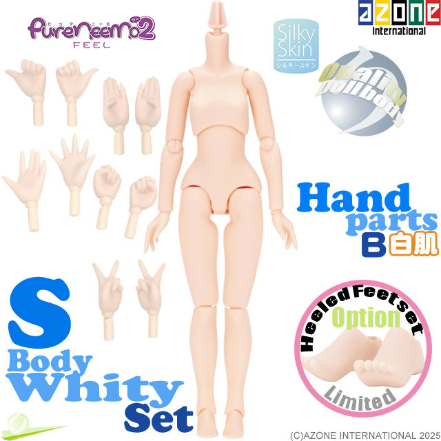 Azone Pure Neemo 2 FEEL S Girl Body PFL061-WHT with PFL042-PTE Hand parts set (B), featuring front view & decorative logos.