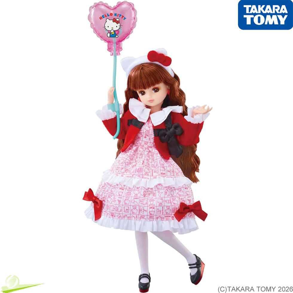 Thumbnail: Front view of Licca holding a pink balloon, bending one knee at a right angle, wearing Hello Kitty 50th Anniversary outfit.