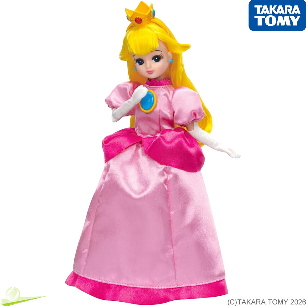 Miniaturbild: Slightly angled full-body view of Takara Tomy Licca-chan as Princess Peach, with one hand resting on her chest.