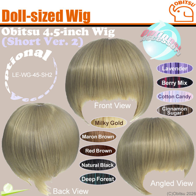 Miniature : Front view of OBITSU Shop 4.5-inch short wig Ver.2, with rear and angled front views below, plus nine oval hair color samples