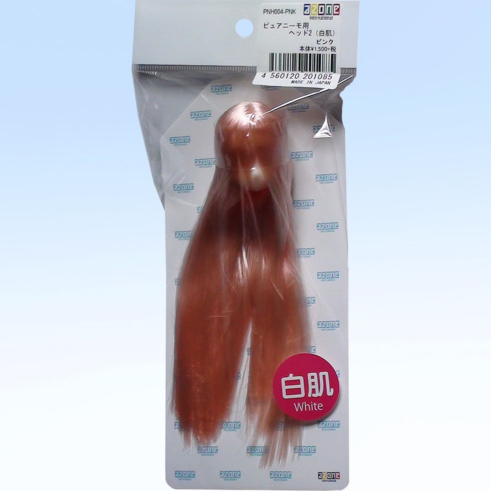Photo of Azone PNH004-PNK flocked head for 1/6 Pure Neemo dolls, pink hair, packaged in a clear plastic bag.