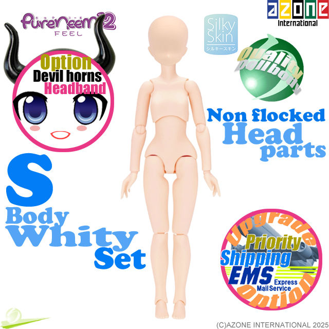 Front full-body view of Azone Pure Neemo 2 FEEL S Girl Body PFL061-WHT with non flocked head parts set, with decorative logos