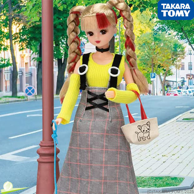 Knee-up view of Licca # Puppy Puppy Walk, holding leash & tote bag, set against a diorama of green tree-lined street.