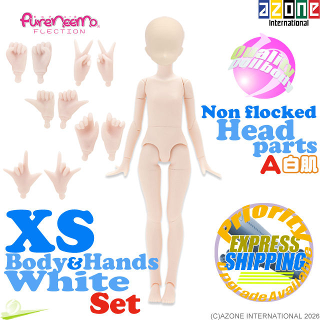 Azone 1/6 Pure Neemo Flection XS Girl Body PFL051-WHT with PFL057-WHT hand parts set and PNH006-WHT head parts, front view.