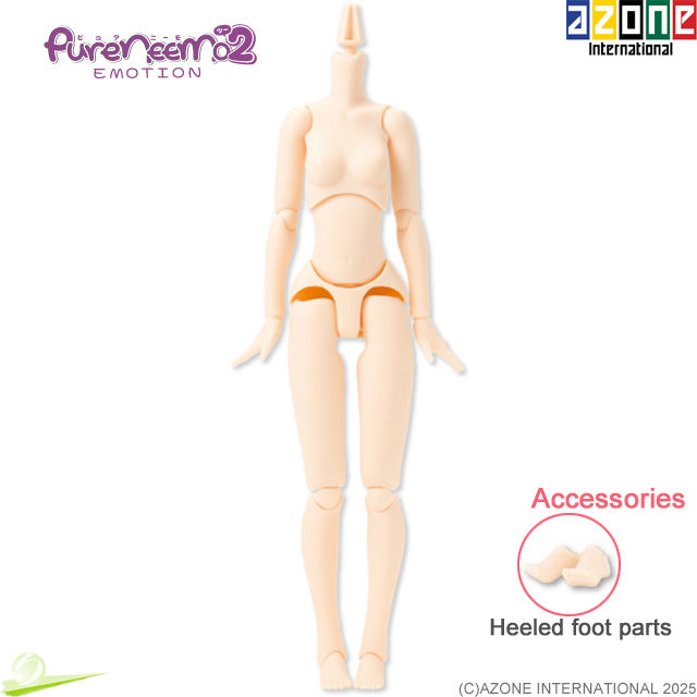 섬네일: Full front view of Azone 1/6 Pure Neemo Emotion PFL060-WHT, in white skin tone, with heeled feet as accessories at leg level.