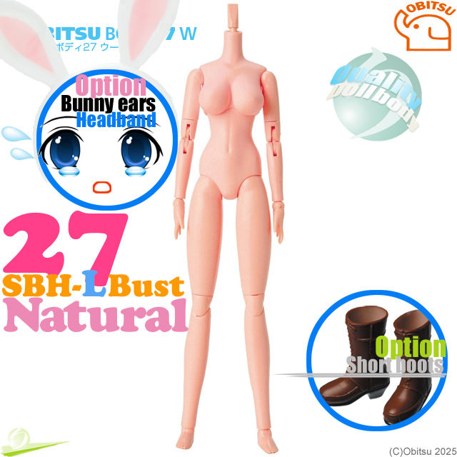 Full-body front view of Obitsu 1/6 27BD-F07N SBH L Bust type Woman Doll body in natural skin tone, with decorative logos.