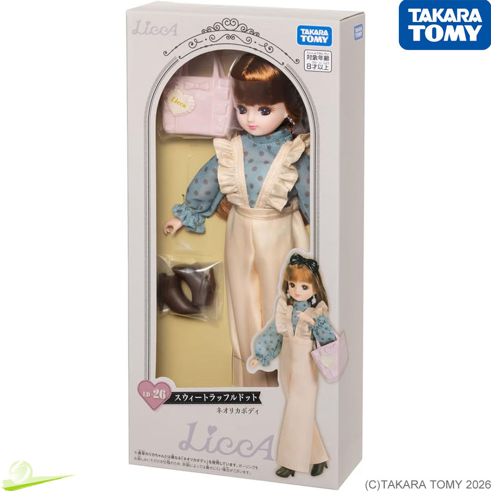 Miniatura: Angled front view of TAKARA TOMY Licca-chan LD-26 Sweet Ruffle Dot Neo Licca Body Doll package, with accessories visible.
