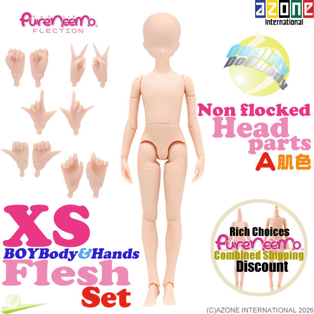 Azone 1/6 Pure Neemo Flection XS Boy Body PFL019-FLS with PFL057-FLS hand parts set and PNH005-SKN head parts, front view.