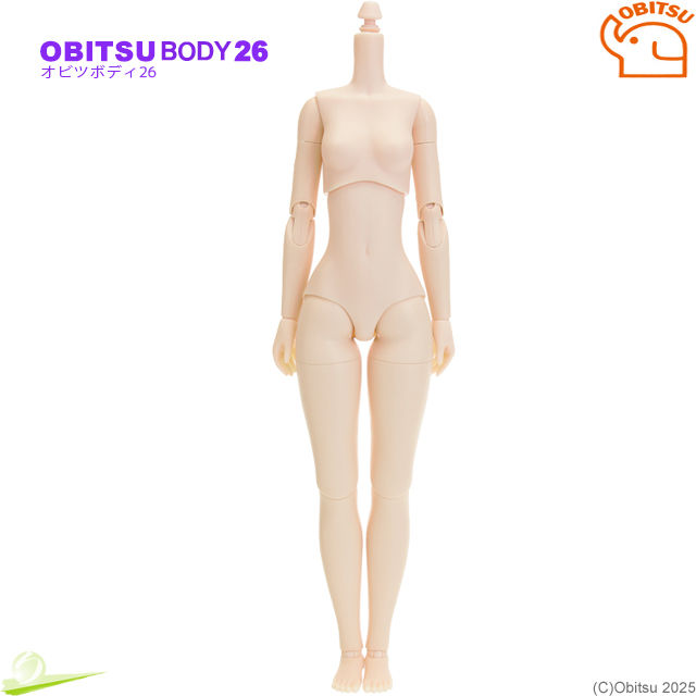 Миниатюра: Front full-body view of Obitsu 26BD-F01N-M doll body with M-size bust in natural skin tone, without decorative logos.