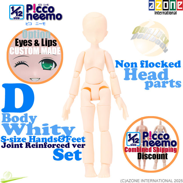 Azone 1/12 Picco Neemo D Girl Body small hands & feet ver PCN020-WHT & PIH005-SKN head parts, surrounded by decorative logos.
