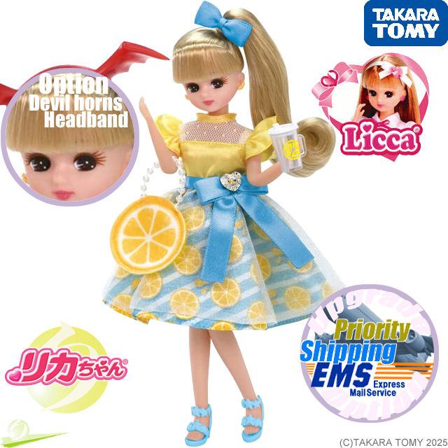 Front full-body view of Licca-chan LD-06 Happy Lemonade doll holding drink bottle in one hand, surrounded by decorative logos