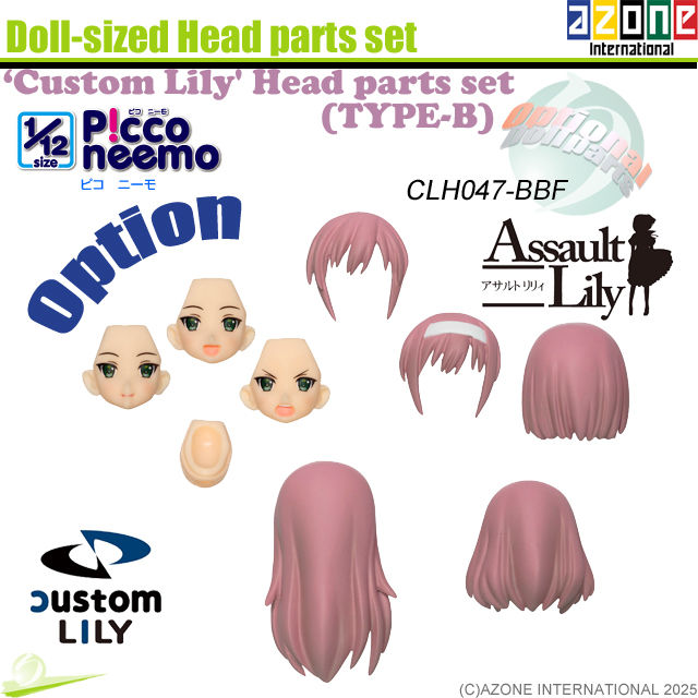 Miniatura: Image of Azone 'Custom Lily' Head Parts Set TYPE-B (CLH047-BBF) – all components neatly arranged with the decorative logos.