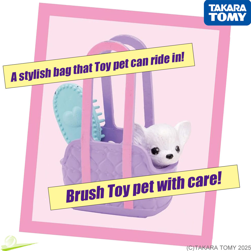Miniatura: Pink-tiled BG view of Licca-chan LD-07 Woof Meow Pet Sitter doll’s accessory bag, containing a brush and a Chihuahua inside.