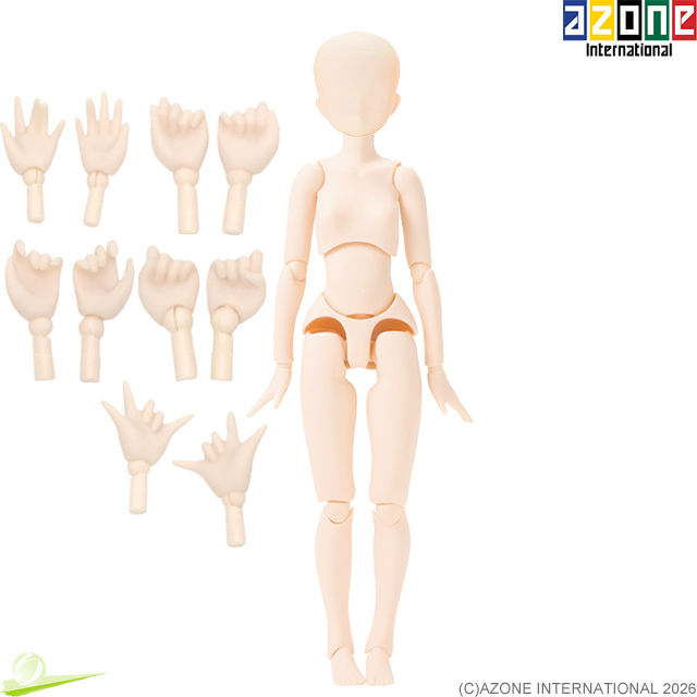 Миниатюра: Front view of AZONE Pure Neemo Emotion S Body Whity assembled with head parts, with 5 types of hands (A) displayed beside it.