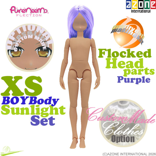 Front view of Azone 1/6 Pure Neemo Flection XS Boy doll Body PFL052-TAN with PNH008-PPL purple-haired head parts set.