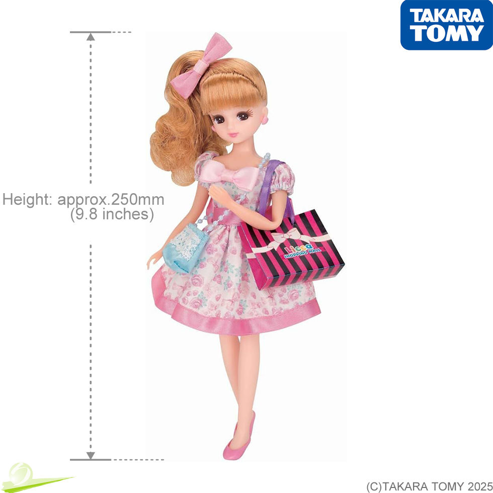 Миниатюра: Front full-body view of Takara Tomy Licca-chan LD-14 carrying a shop bag on one shoulder, shown with a height scale indicator