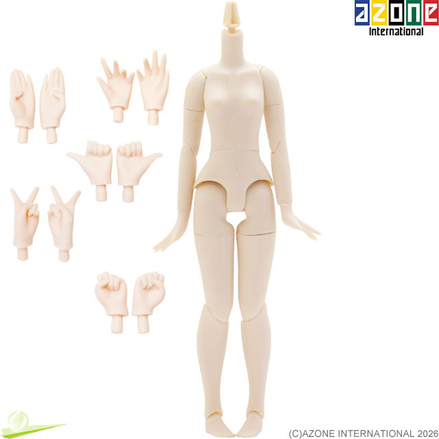 Miniatura: Front view of AZONE Pure Neemo Flection S Girl Doll Body PFL049-WHT with PFL024-FLS Hand Parts Set (B), in white skin tone.