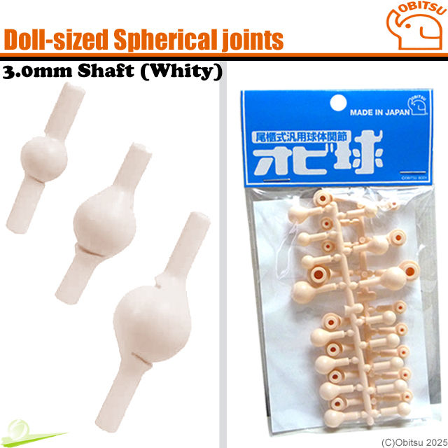 Thumbnail: Obitsu OBQ White ball joints, smooth & durable articulation, with 3 joint types shown left & retail packaging on the right.