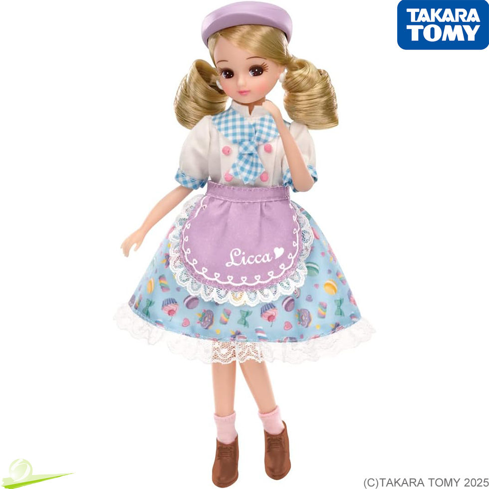 Front full-body view of Licca LD-13 Longing patissier Doll, hand gently near mouth, and one knee slightly bent, posing cutely