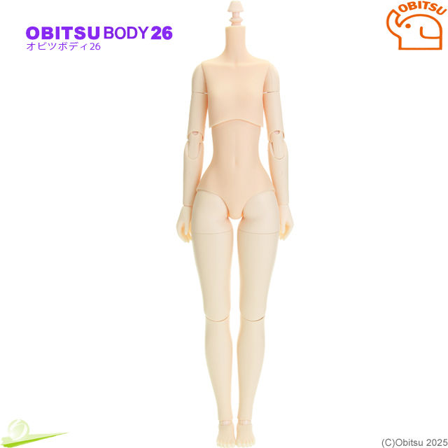 Hình thu nhỏ: Front full-body view of the Obitsu 26BD-F01W-S doll body with S-size bust in white skin tone, without decorative logos.