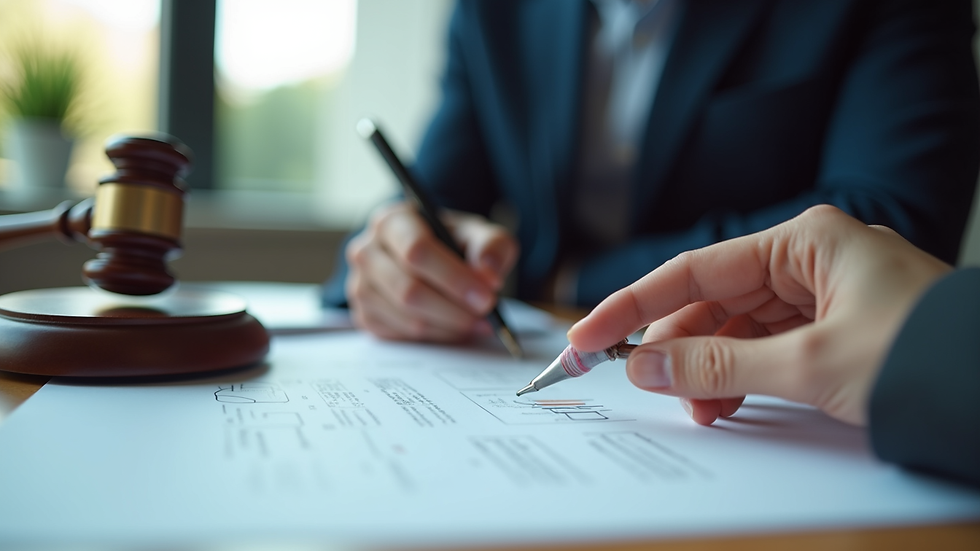 Eye-level view of a legal consultant reviewing documents with a client