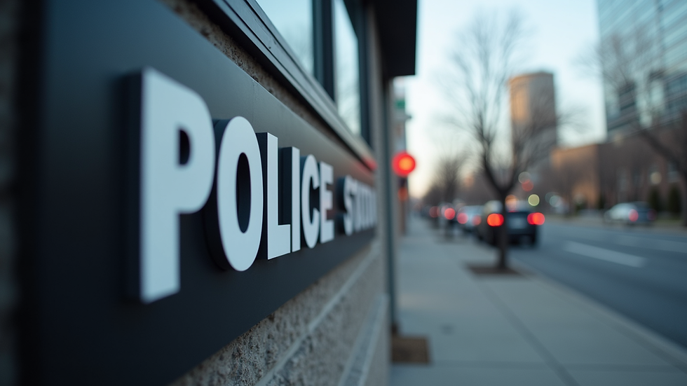 Close-up view of a police station sign in Canada
