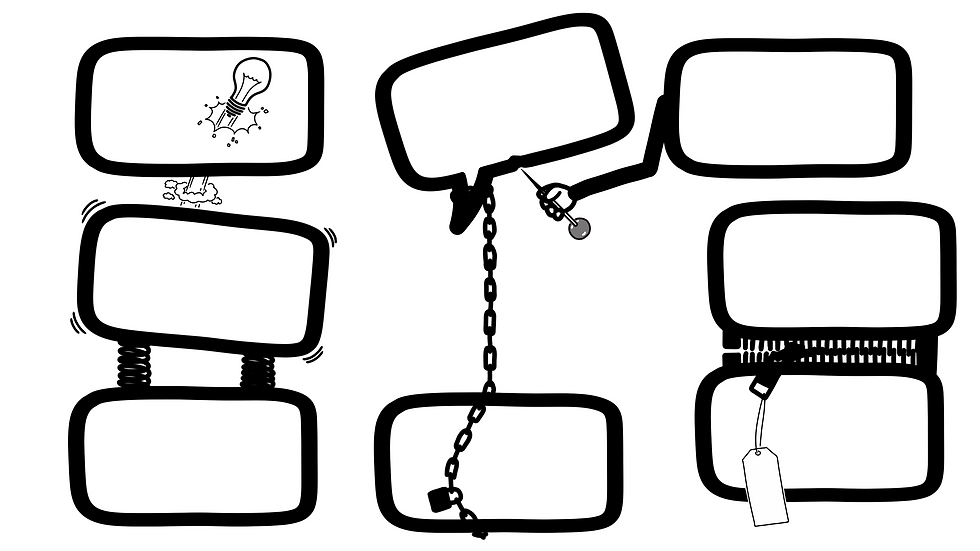 schematische Darstellung von humorvollen Verbindungselementen zwischen Inhalten von Graphic Recordings