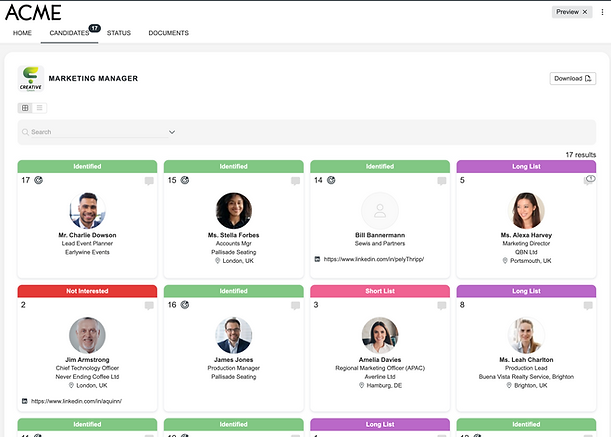 Ezekia client portal showing candidate cards for a Marketing Manager search.