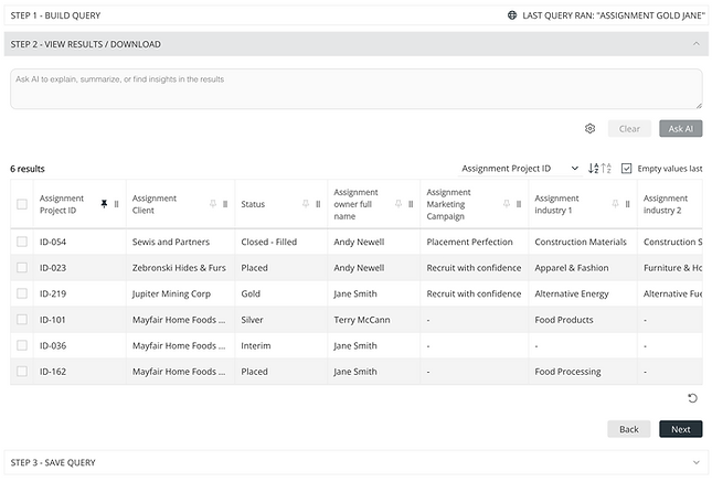 Screenshot of an Ezekia query results table showing six assignments