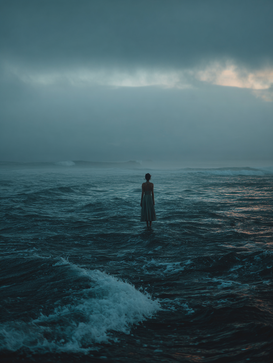 “A woman stands in the ocean, her dress is wet and it’s getting dark outside. the waves crash against each other on either side of her as she looks out into an endless sea. it’s a cinematic scene with a moody atmosphere, shot from behind. theres some mist or fog around adding depth, capturing the vastness of nature. the overall tone will feel cold but also beautiful, in the style of a photo-realistic canon eos r5 image. --ar 3:4”~MJ