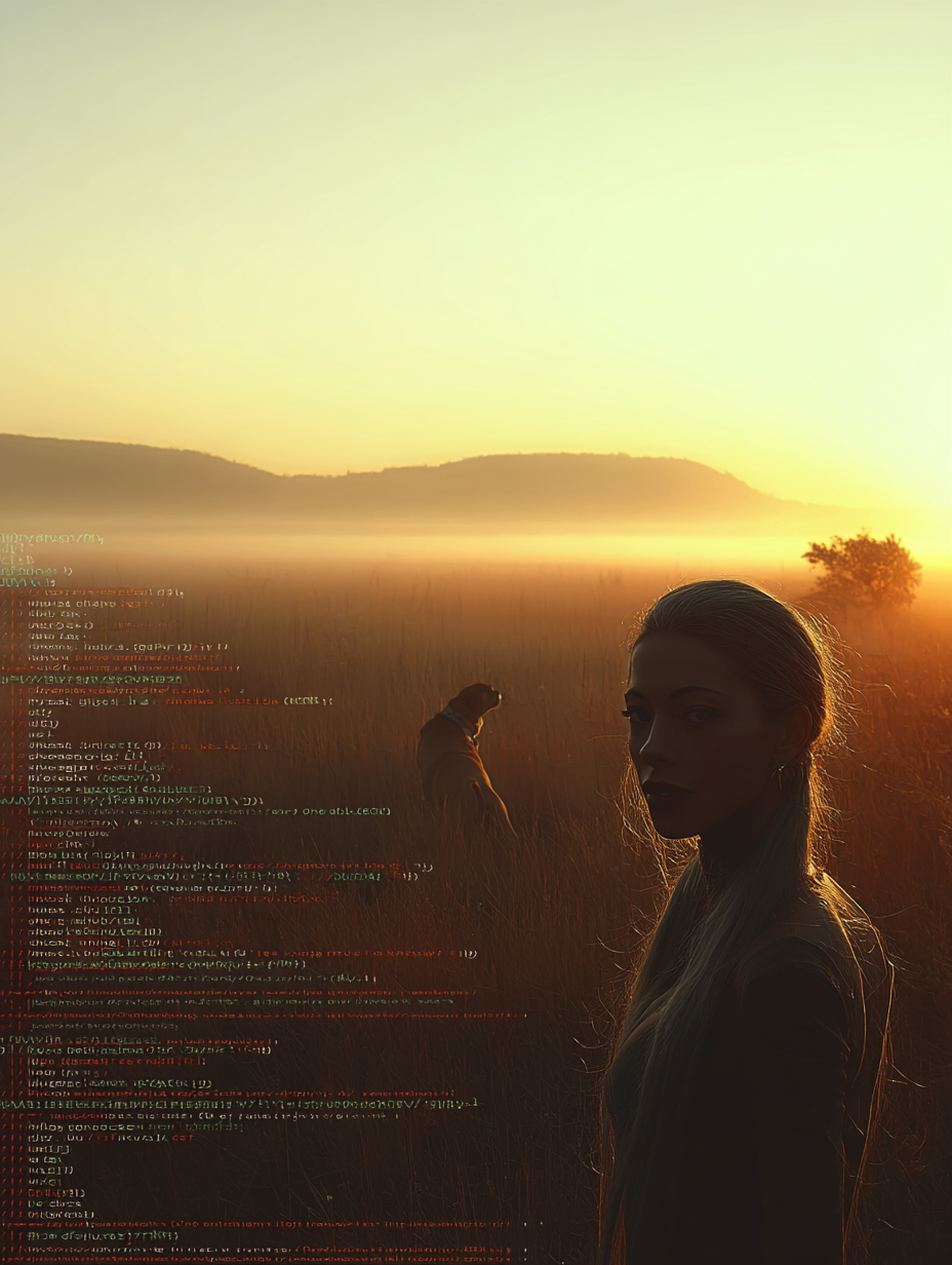 Cinematic, digital art of a woman standing in a grassland with her dog at sunrise, with a misty morning atmosphere and the sky painted in soft pastel hues. the foreground features an array of code lines, symbolizing technology and data analysis. ~MJ