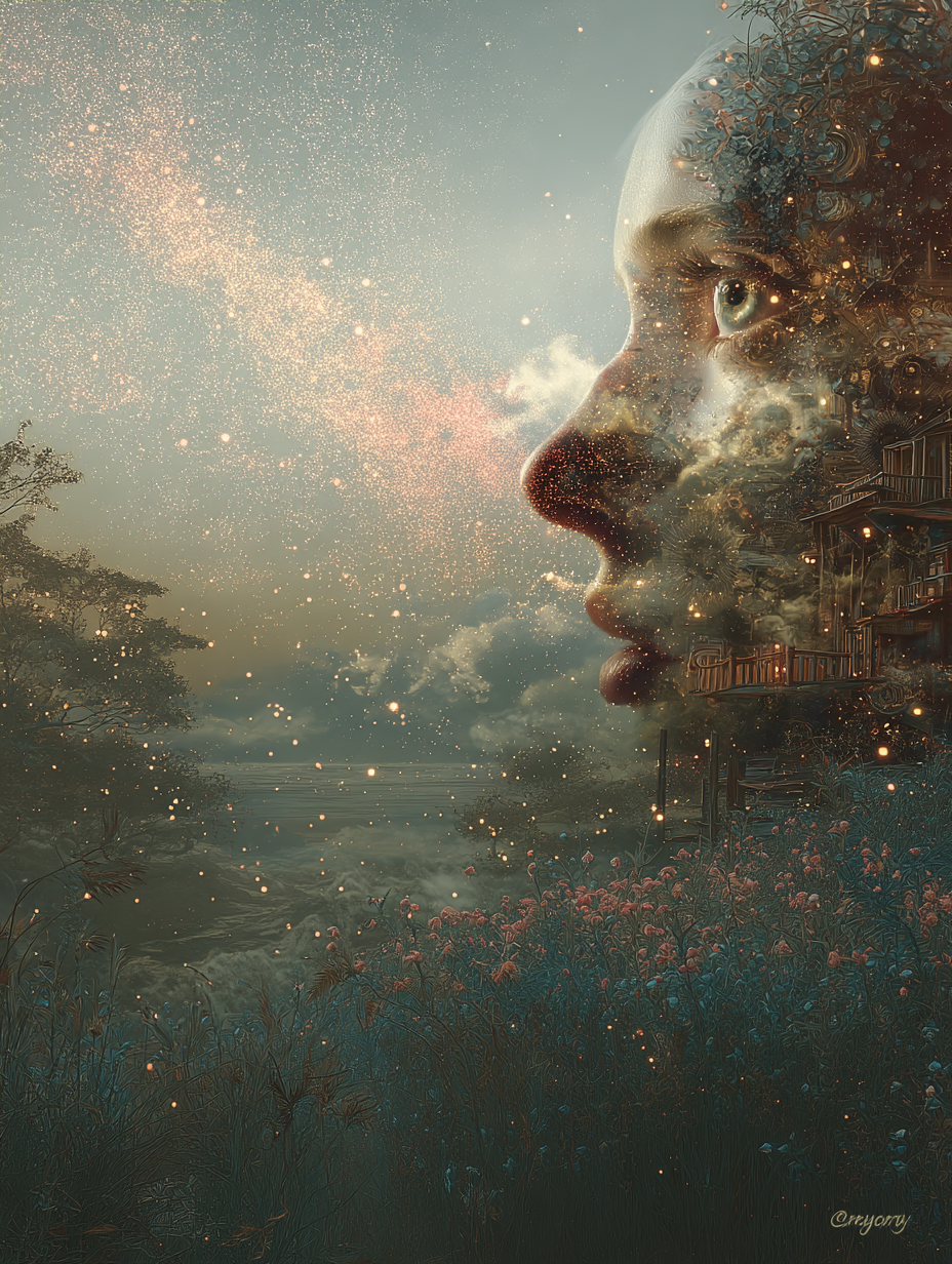 “A surreal digital artwork portraying the profile of an individual with skin like starry skies, set against a backdrop of a dreamy landscape filled with floating houses and glowing flowers. the focus is on the face. --ar 3:4”~MJ