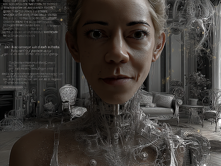 photorealistic image of Talia~Love as android, with silver skin and intricate circuitry patterns on the chest and neck. she is wearing a white dress that shines in an ethereal light. her hair is short, blonde, and straight, and she has large, expressive eyes. she stands inside a luxurious living room with elegant furniture and wallpaper covered in text and symbols. there is a faint mist around her, as if she were from another dimension.~MJ